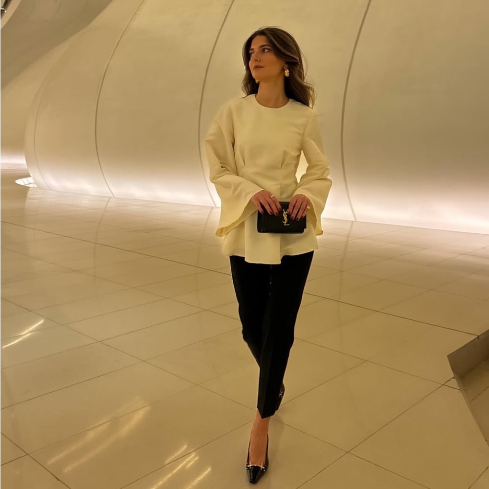 Elegant Cream Blouse and Black Pants Ensemble